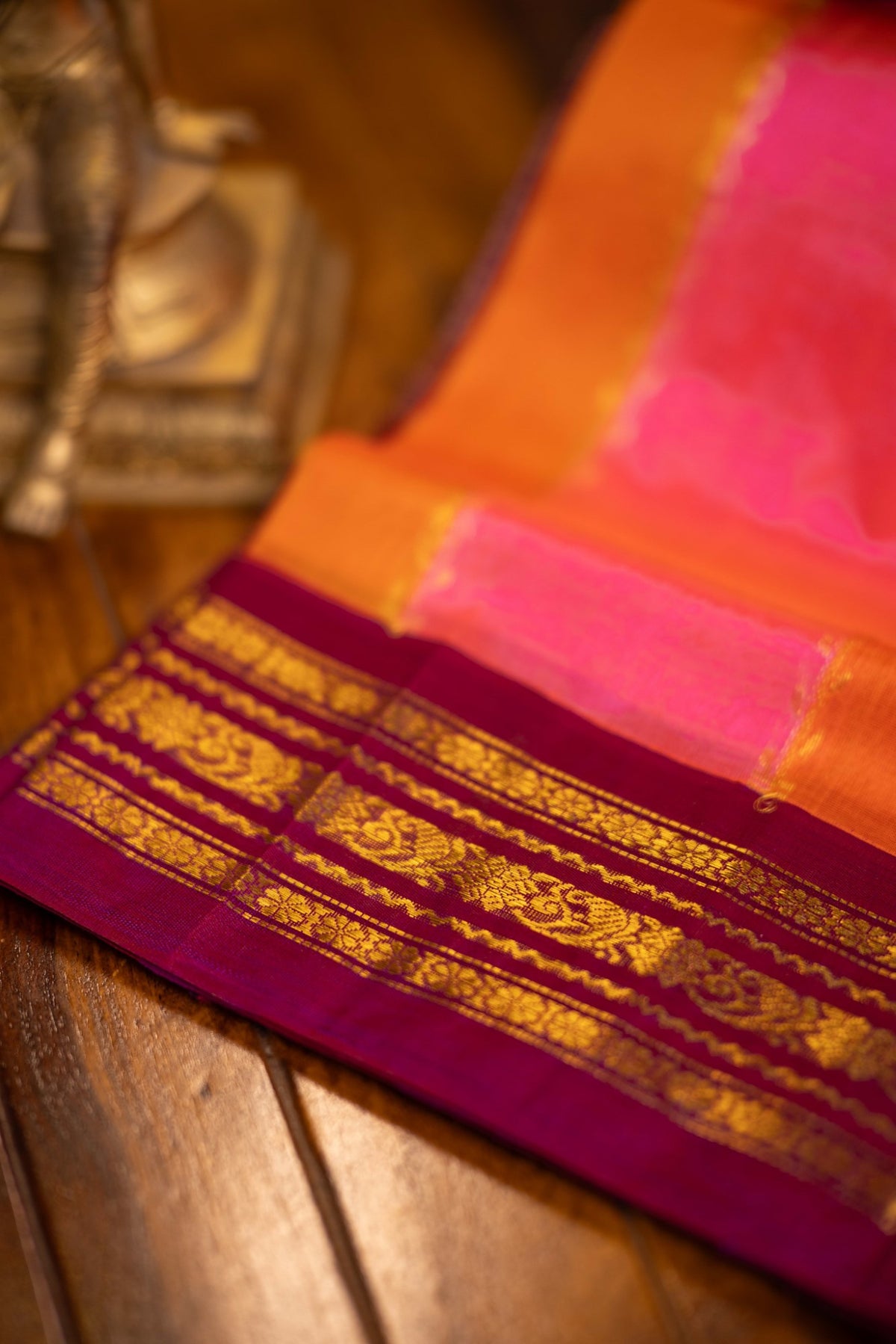 Korvai Multi coloured silk cotton-Rose Milk, Sun Set Yellow & Tangerine Orange