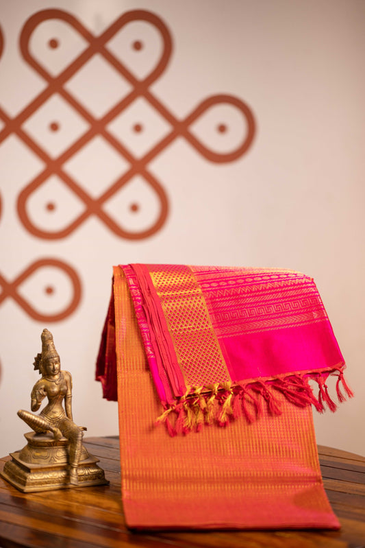 Vintage podi Muthukattam silk cotton - Dual shade Orangish Pink with Rani pink Pallu