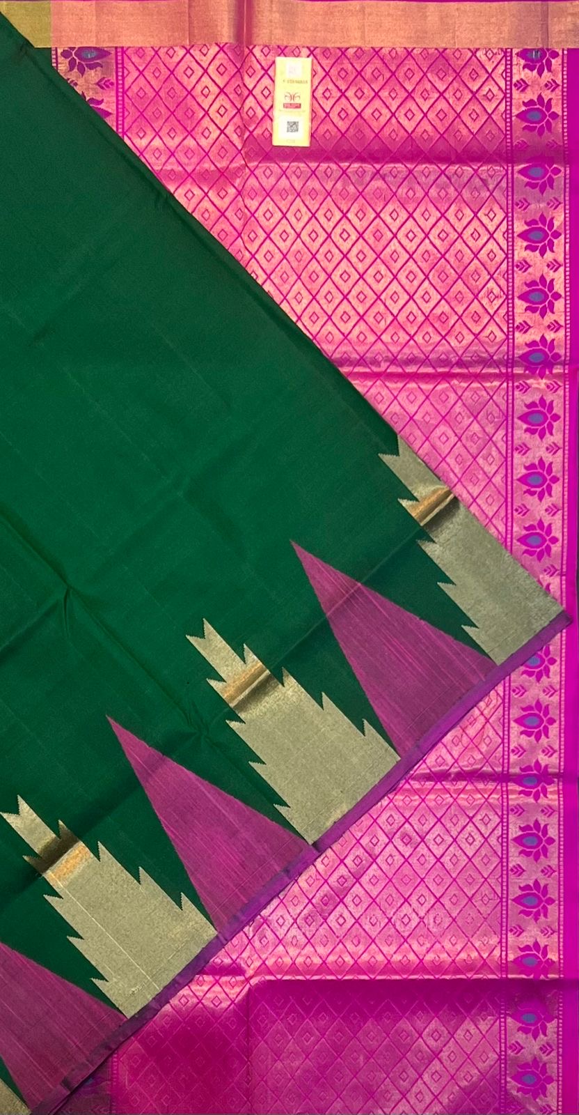 Bottle green with mittai pink thalampoo rekku border big - meenakari work