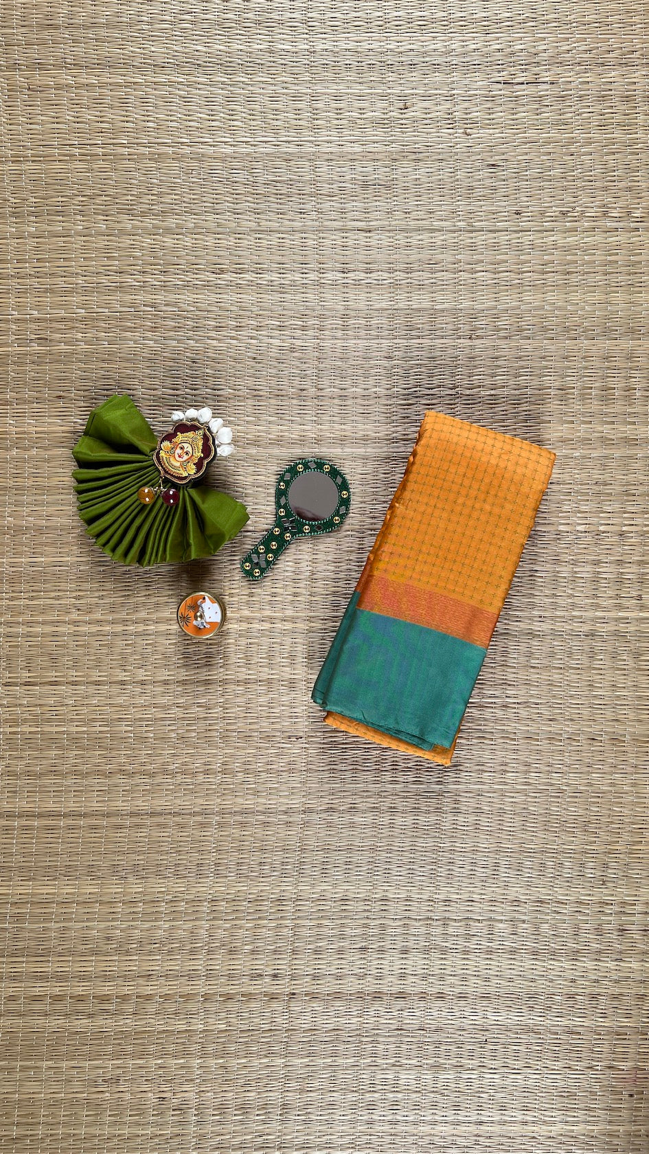Turmeric Yellow Arani Pattu Art Silk Saree with Aqua Green & Plus Buttis