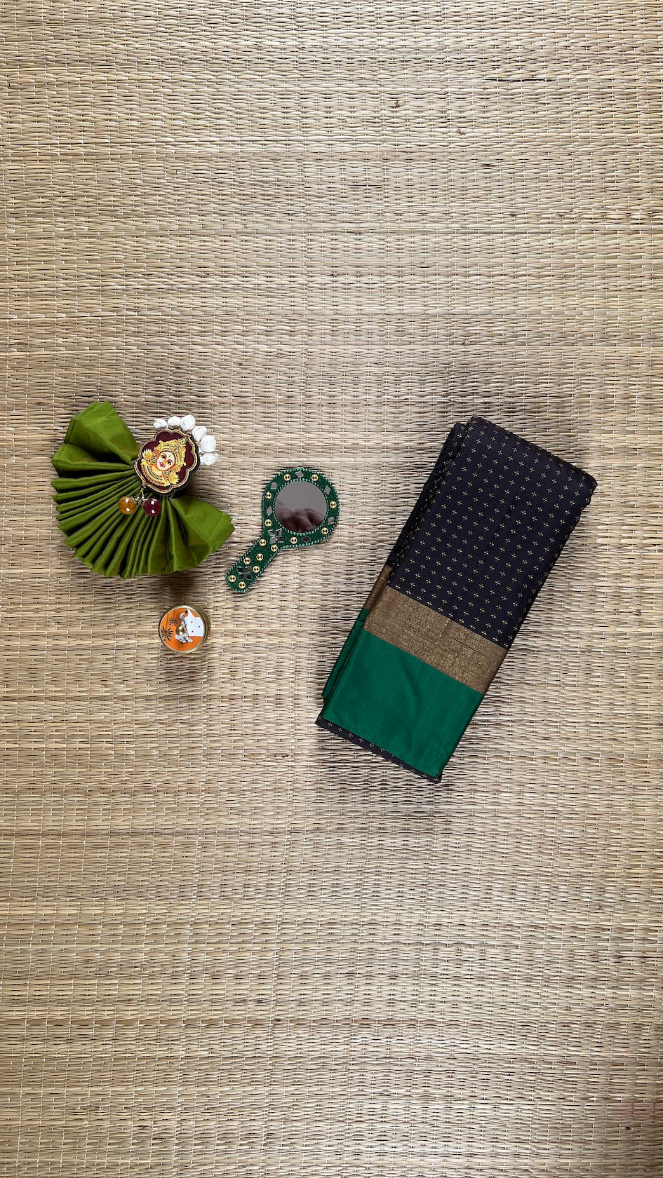 Dark Chocolate Brown Arani Pattu Art Silk Saree with Meenakshi Green & Plus Buttis