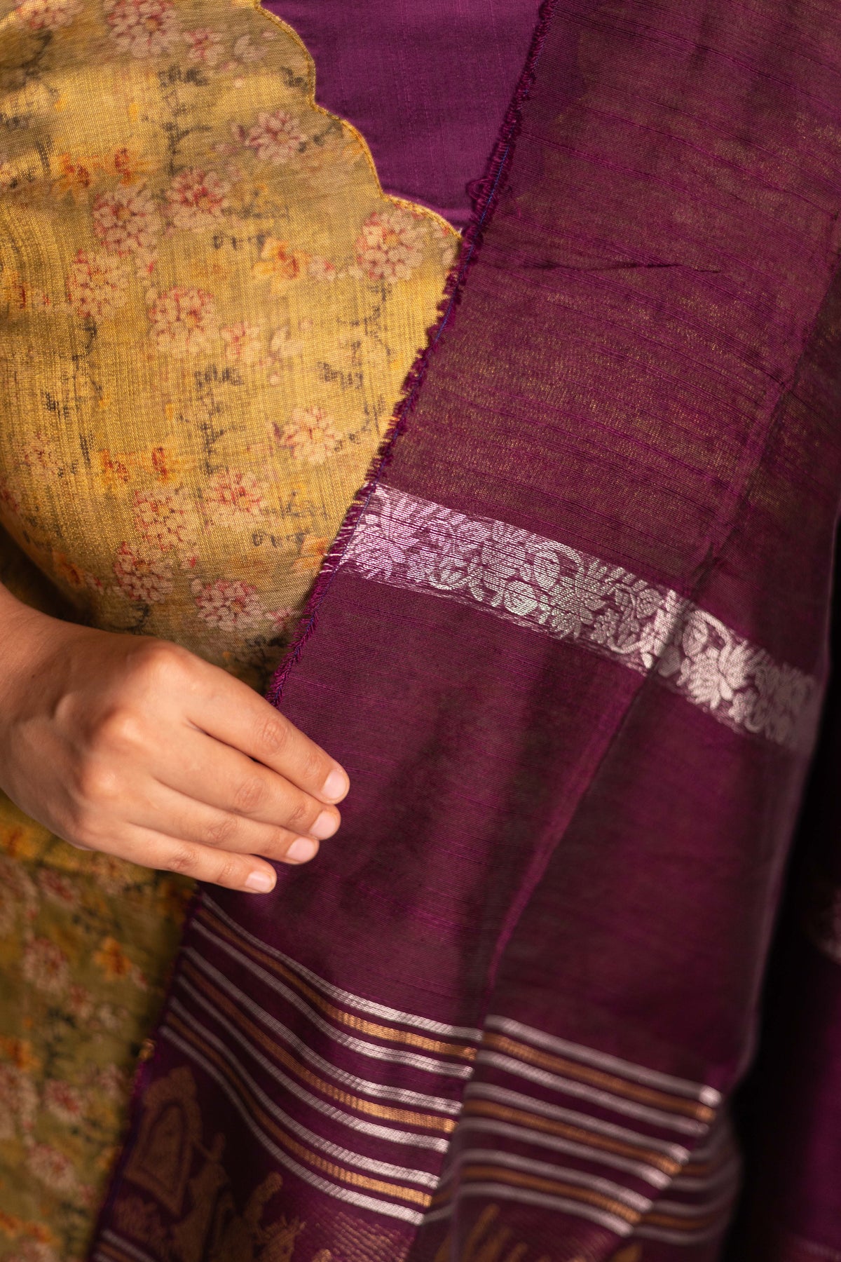 Cardomom Green tissue organza- 3 pieces suit set with purple raw silk dupatta