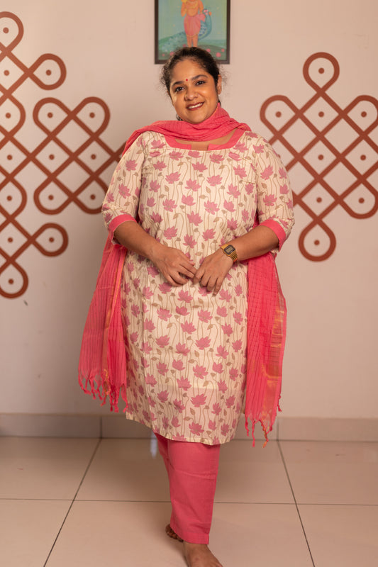 Half white with pink - Pure cotton kalamkari patchwork 3 pieces suit set
