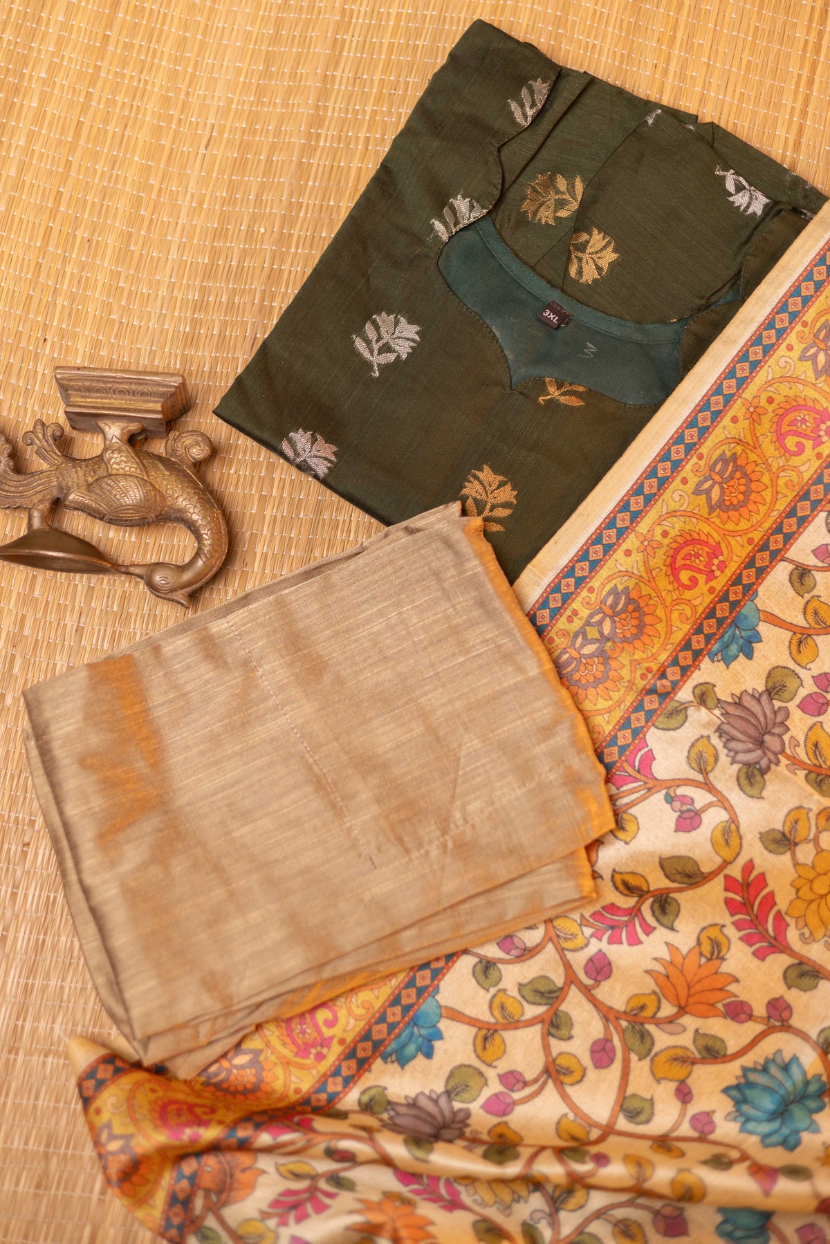 Dark green Raw silk 3 Pc suit set with sandal tussar silk kalamkari duppatta