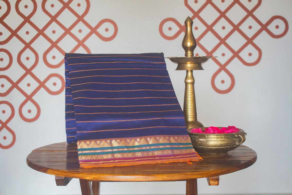 Navy Blue Veldhari Semi Silk Cotton Saree with Honey Brown