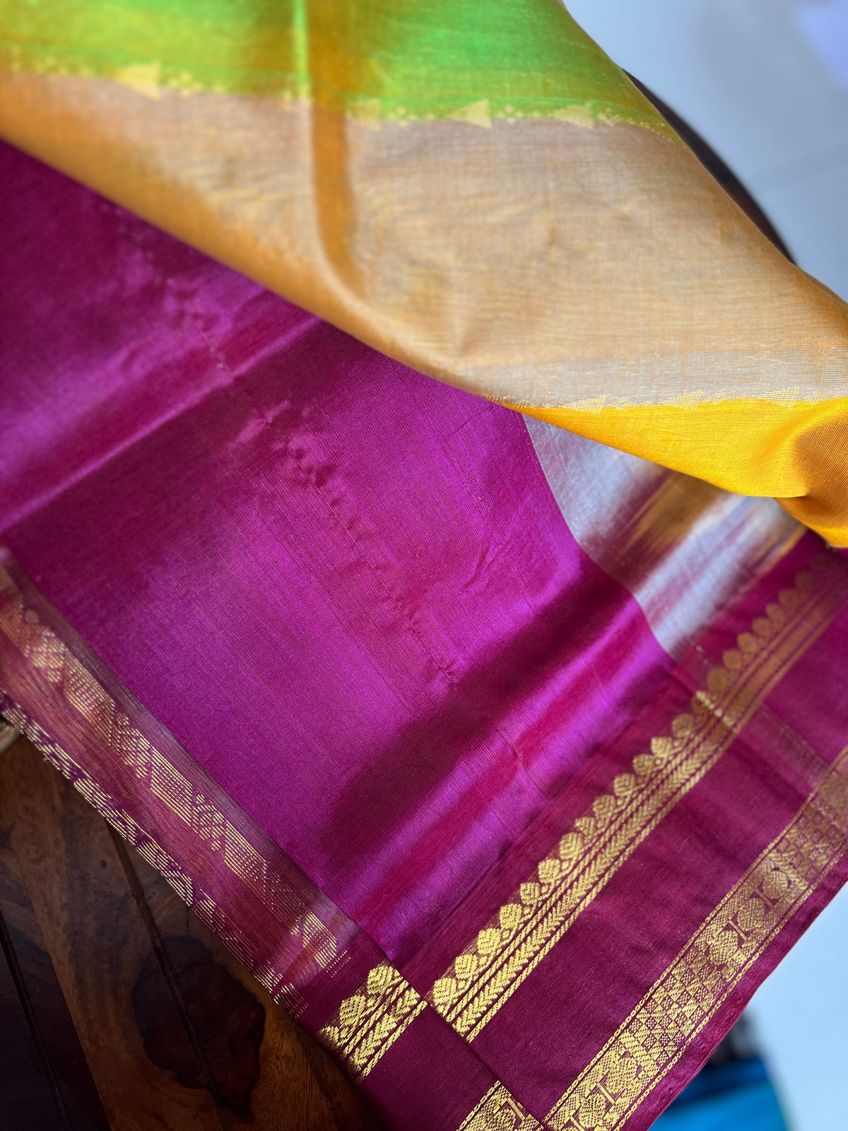 Korvai Multi coloured silk cotton-Lime Green, Turmeric Yellow & Sapotta with Vaadamalli Purple