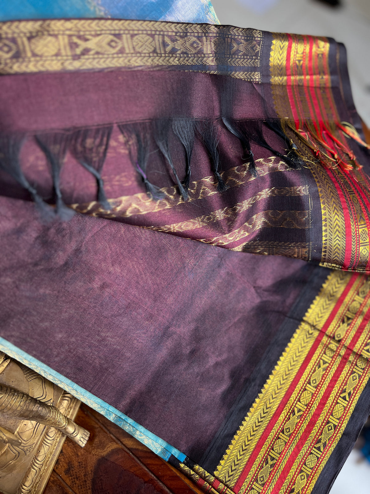 Korvai Multi coloured silk cotton-Ice Blue & Powder Blue , Rosemilk Pink with coffee brown pallu