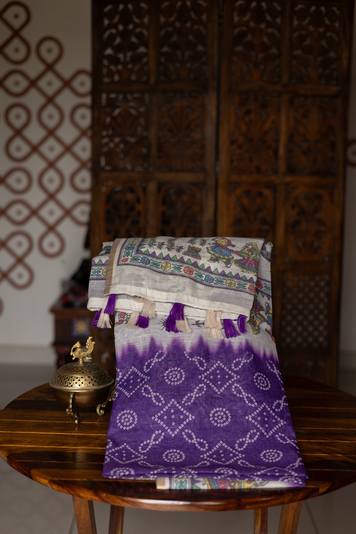 Purple Kota Linen Saree with Bandhini Print Body & Madhubani Pallu