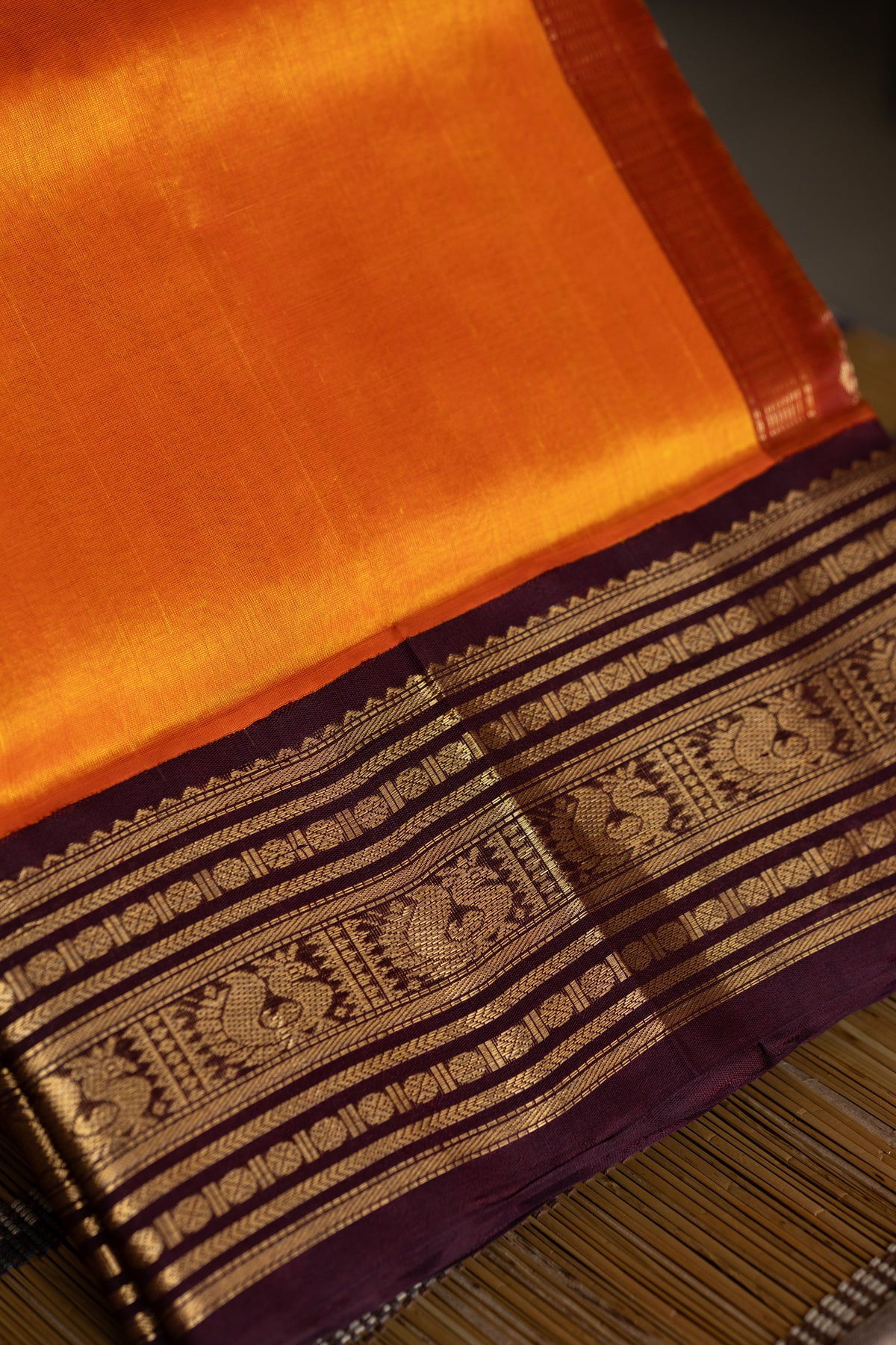 Sunset Orange with coffee brown Korvai Silk Cotton