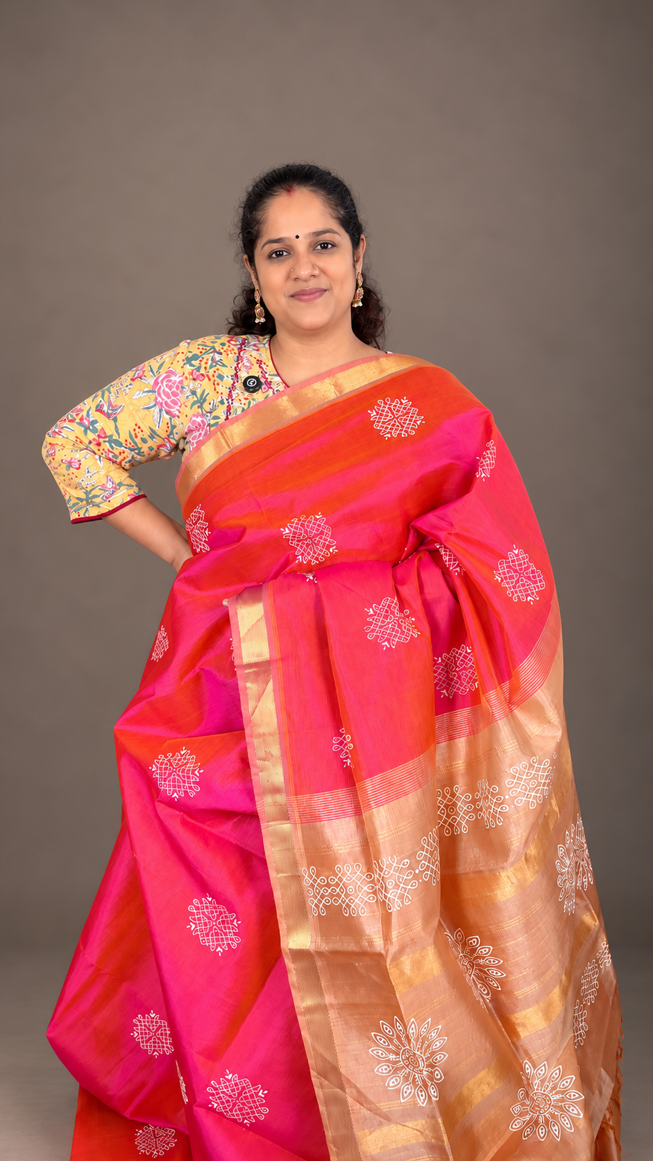 Dual shade Orangish Pink with Sandal- Kolam Saree