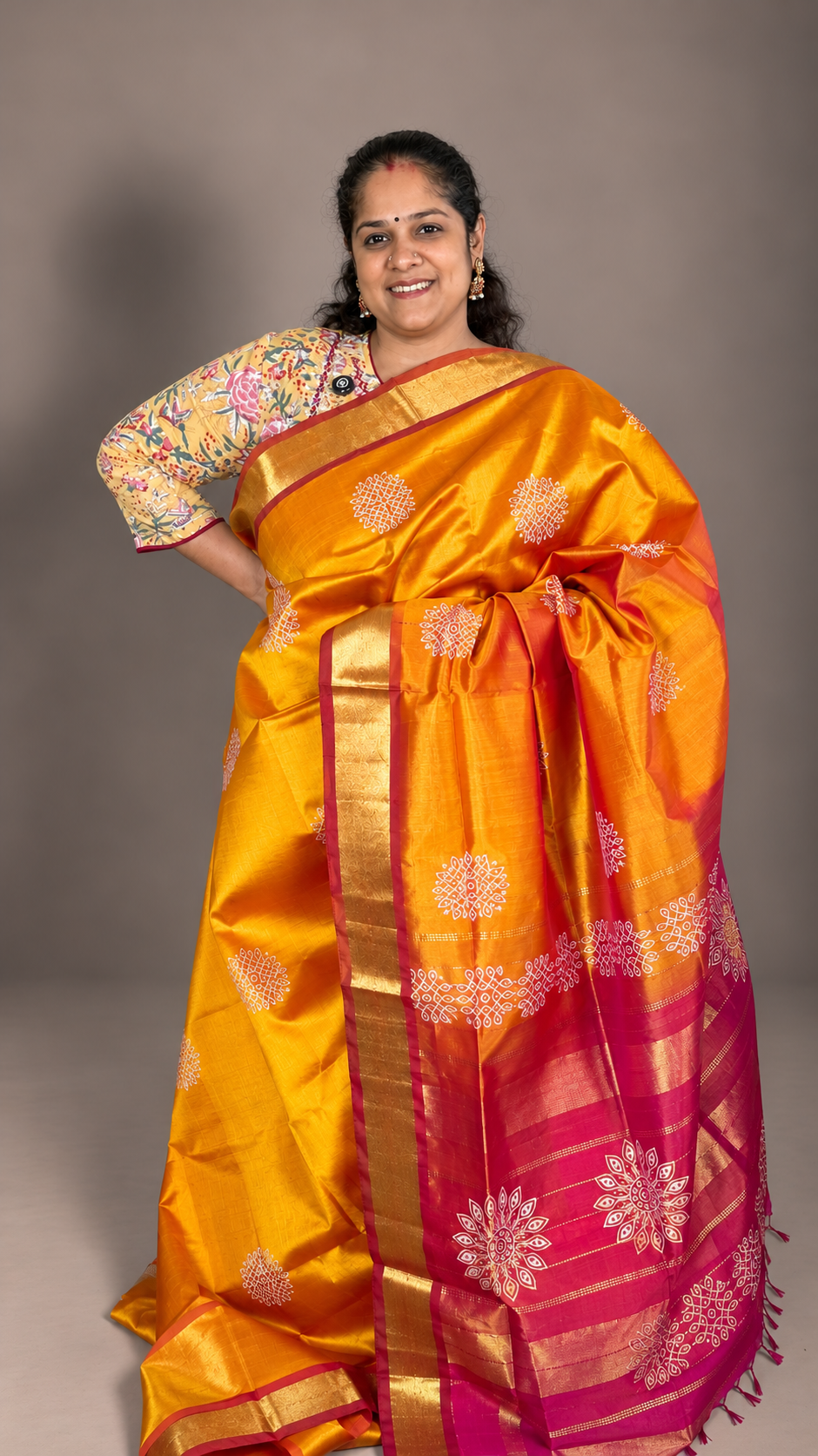 Mambazha Yellow with Mittai Pink - Kolam Saree