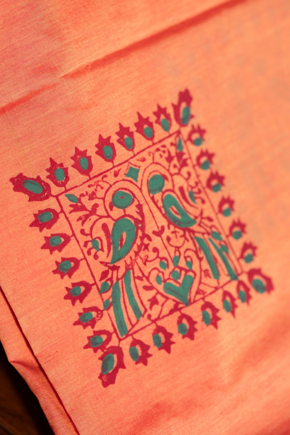 Pastel Peach Printed Semi Silk Cotton Saree – Pairs with Maroon Blouse