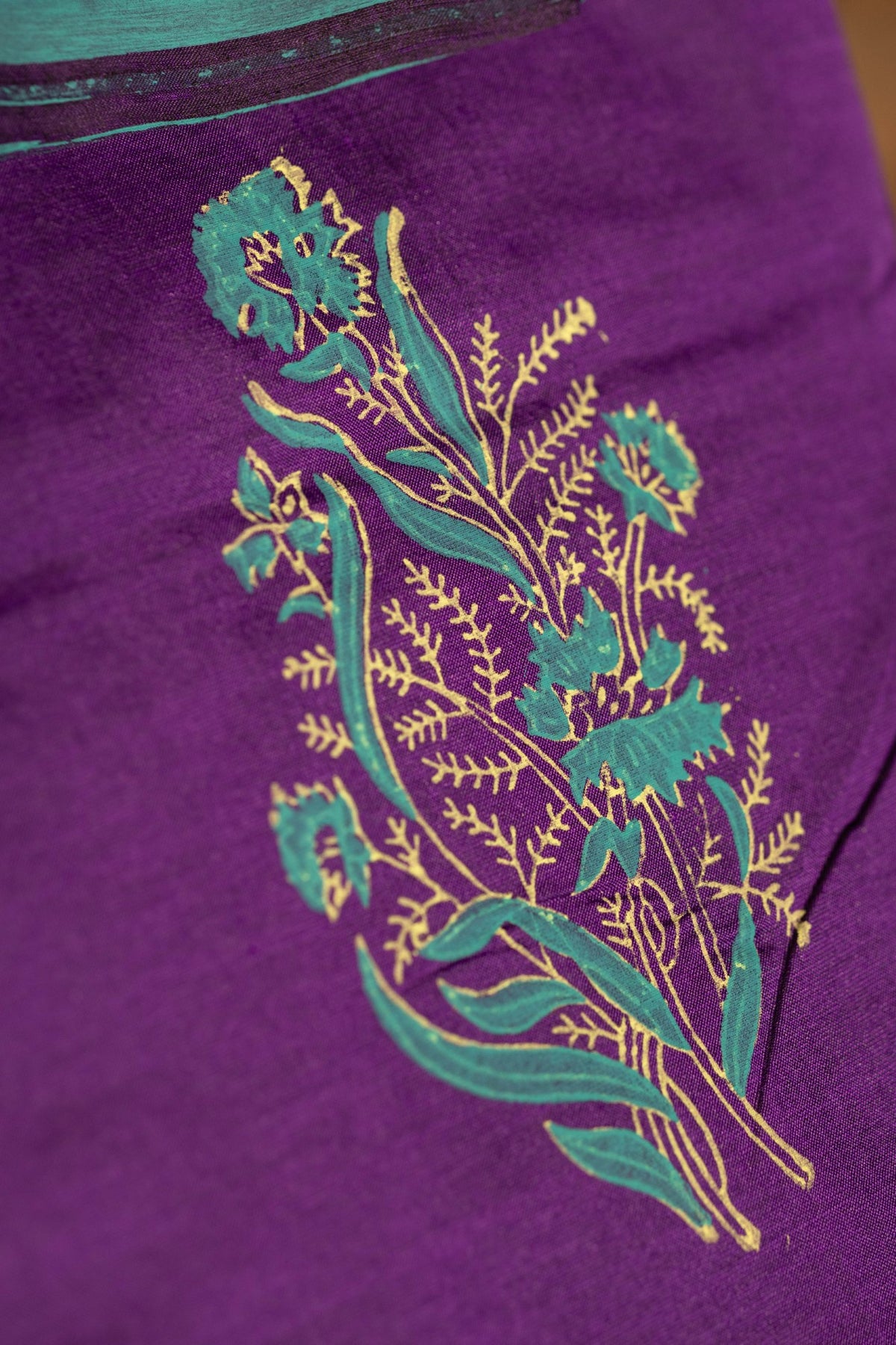 Violet Printed Semi Silk Cotton Saree – Pairs with Turquoise Blue Blouse