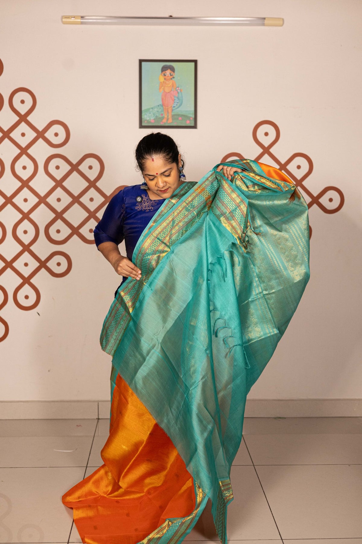 Sunset Orange with Aqua Blue Korvai Silk Cotton