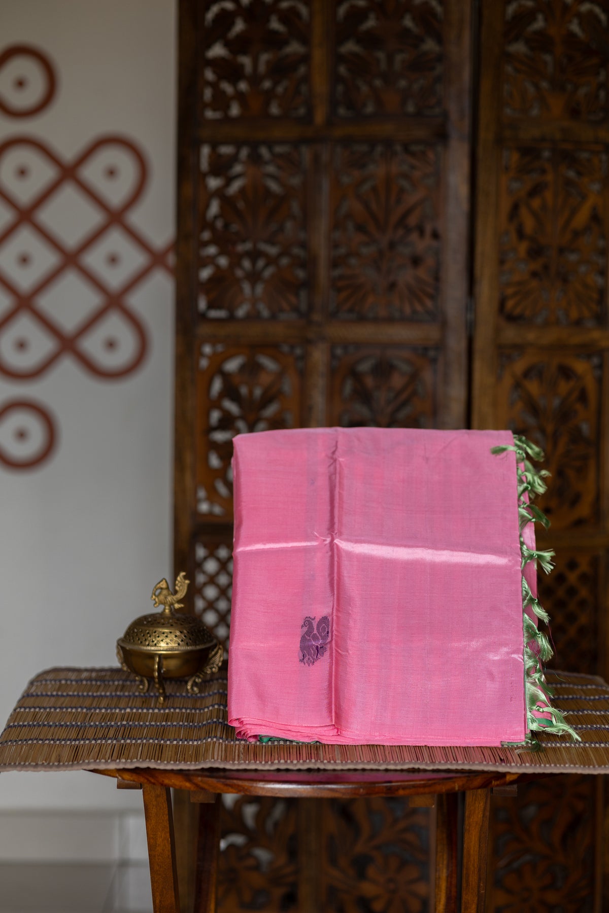 Rose Milk Chinnalampattu Saree with Apple Green