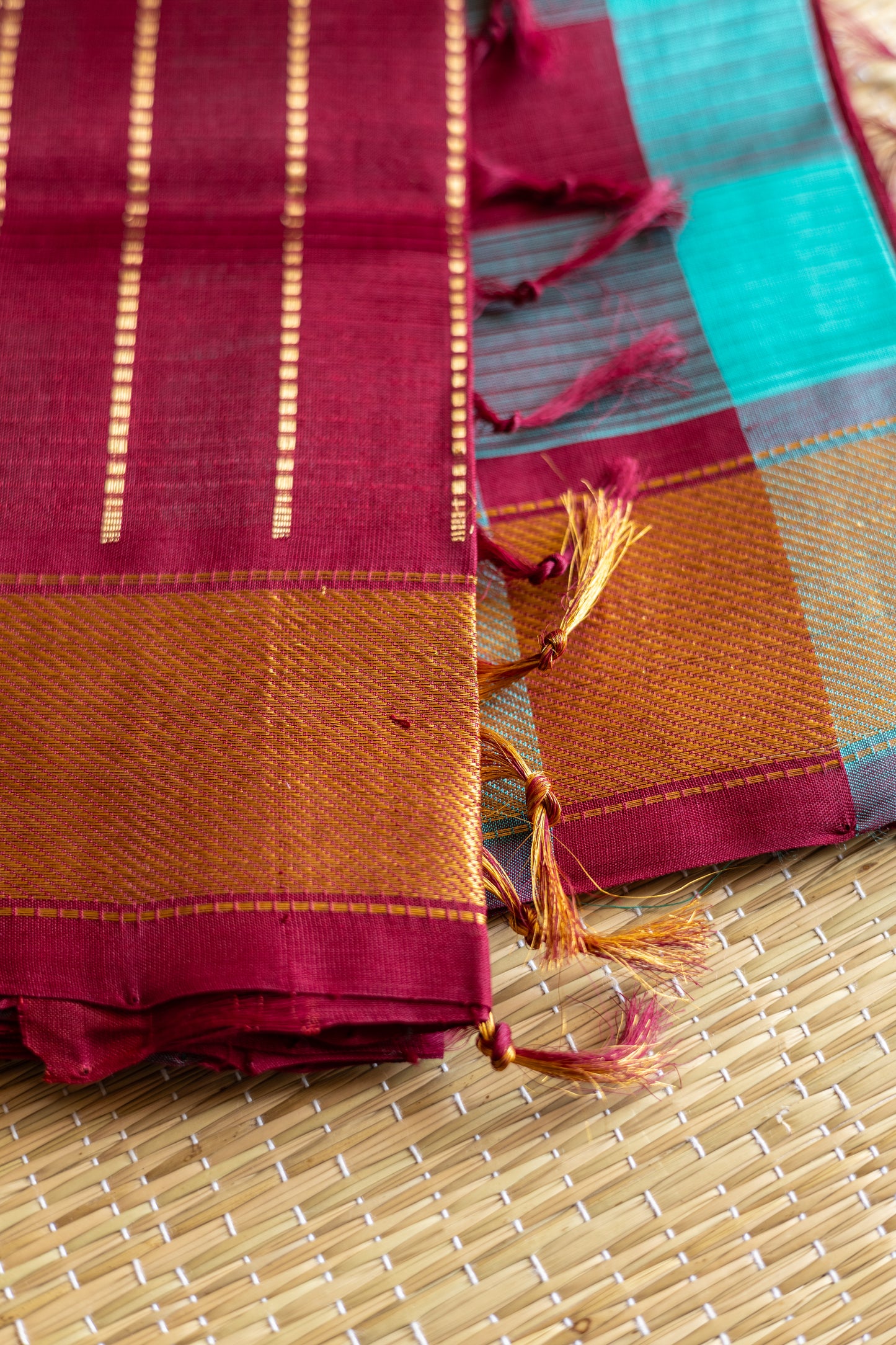 Paalum Pazhamum Silk Cotton - Aqua Green with Arakku Maroon