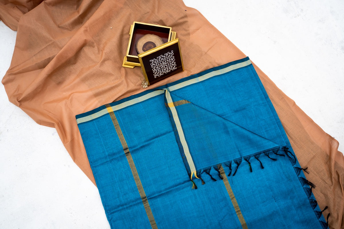 Peacock blue plain silk cotton