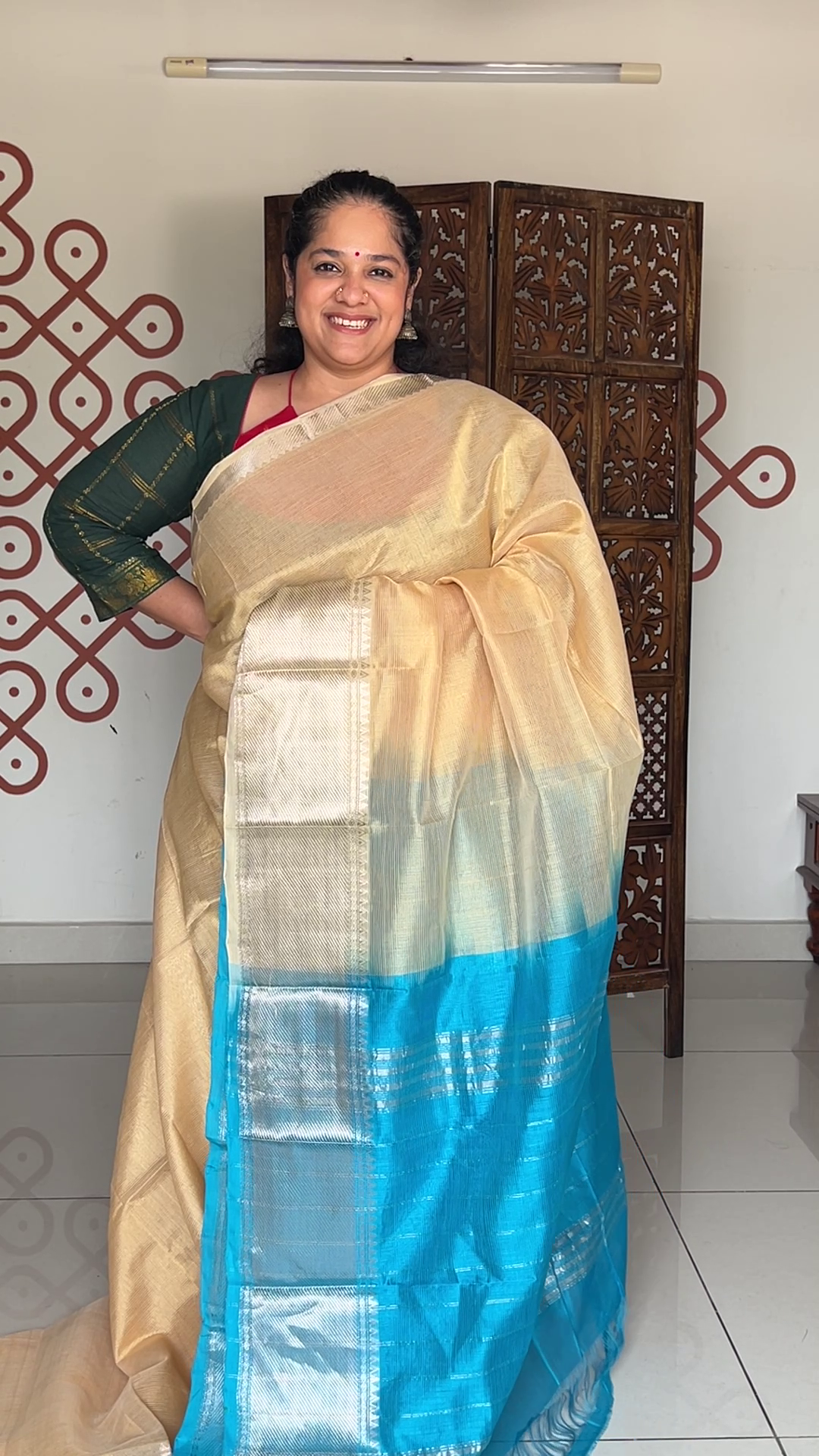 Plain Mangalagiri Silk Cotton - Half White with electric blue