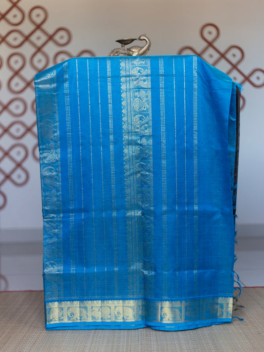 Black with dark sky blue vaira oosi Elephant & peacock border