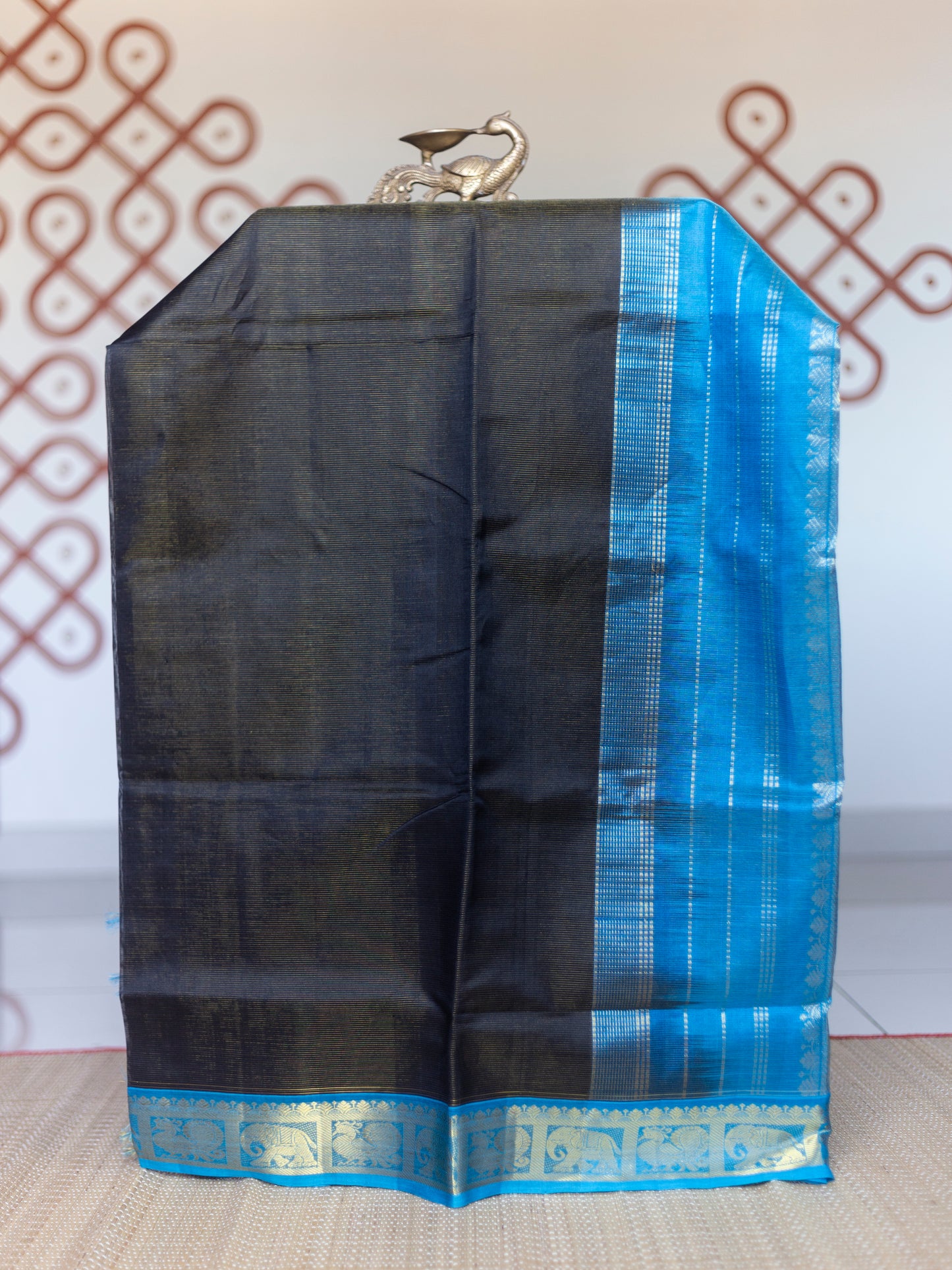 Black with dark sky blue vaira oosi Elephant & peacock border