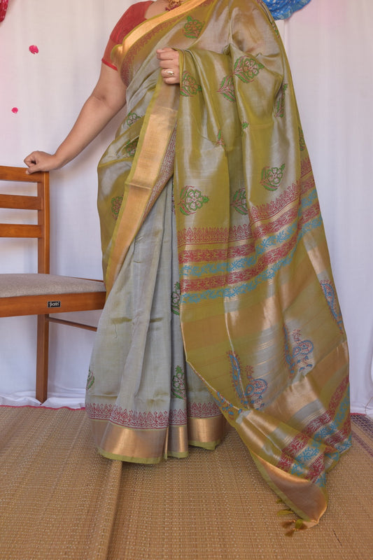 Pastel green with hand block print gatti border