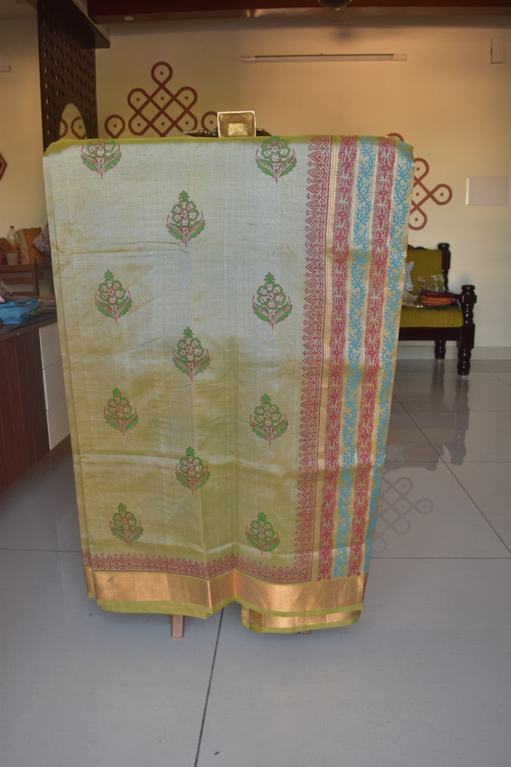 Pastel green with hand block print gatti border