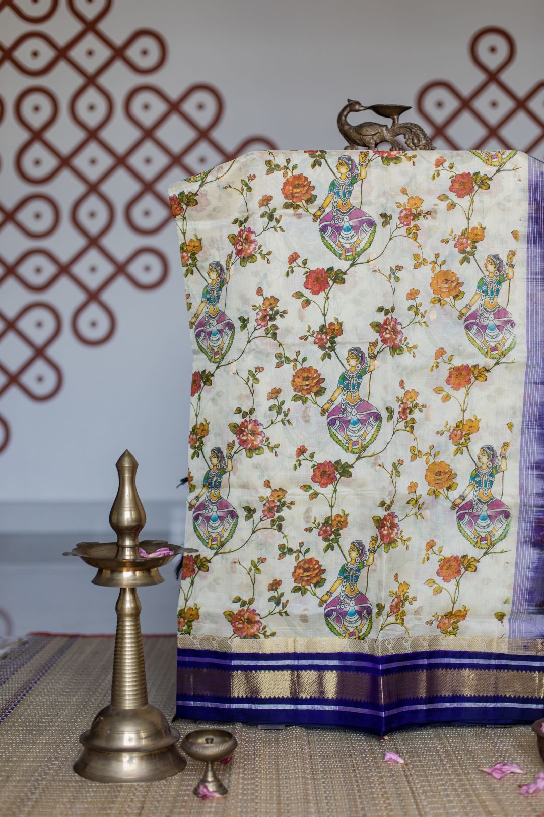 Cream with hand painted deep violet korvai border - Dancing motifs