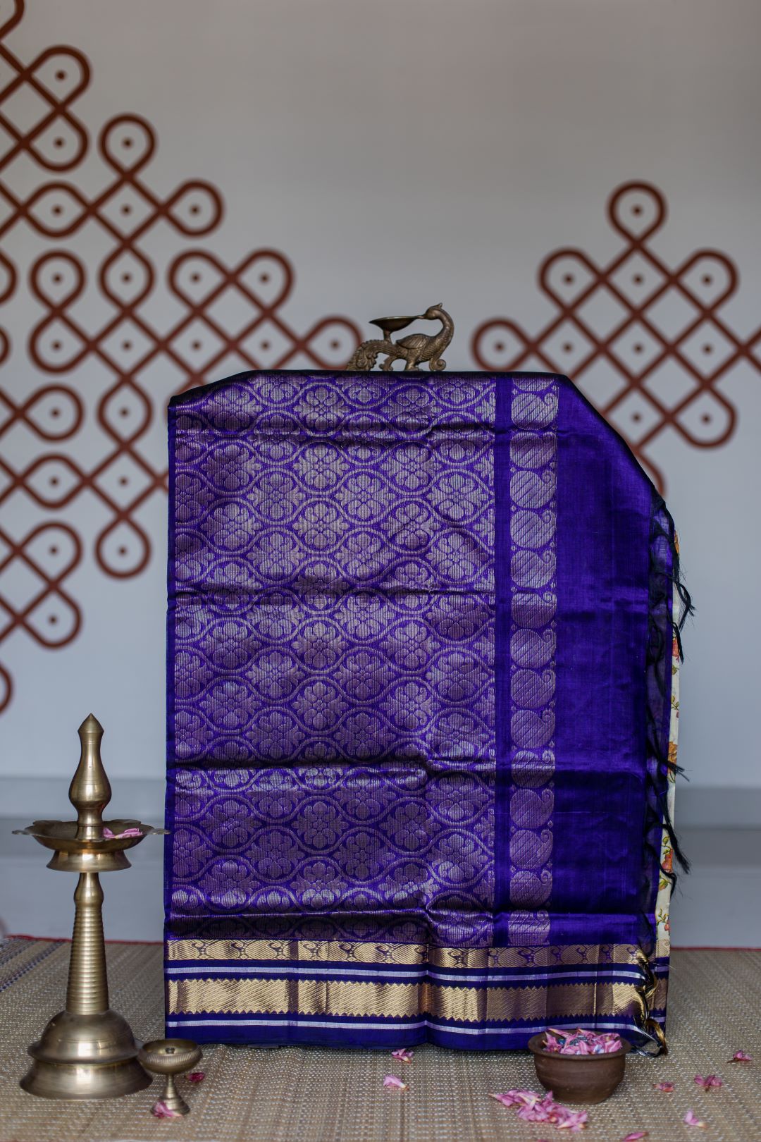 Cream with hand painted deep violet korvai border - Dancing motifs