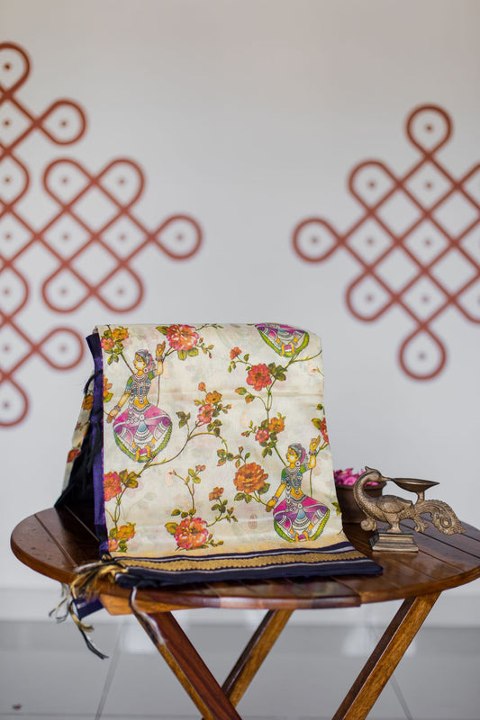 Cream with hand painted deep violet korvai border - Dancing motifs