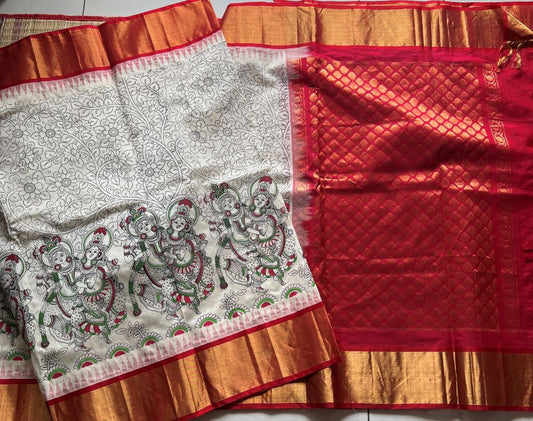 Kerala Mural Handpainted Silk Cotton - White with Red