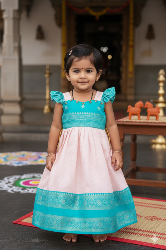 Aqua green with pink Semi Silk Frock