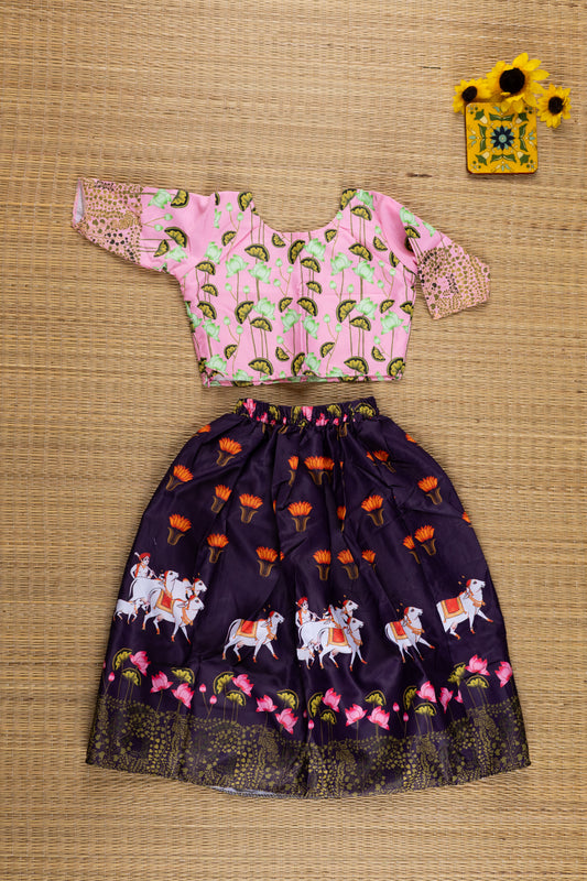 Pink crop top with pichwai printed purple skirt- 4Y