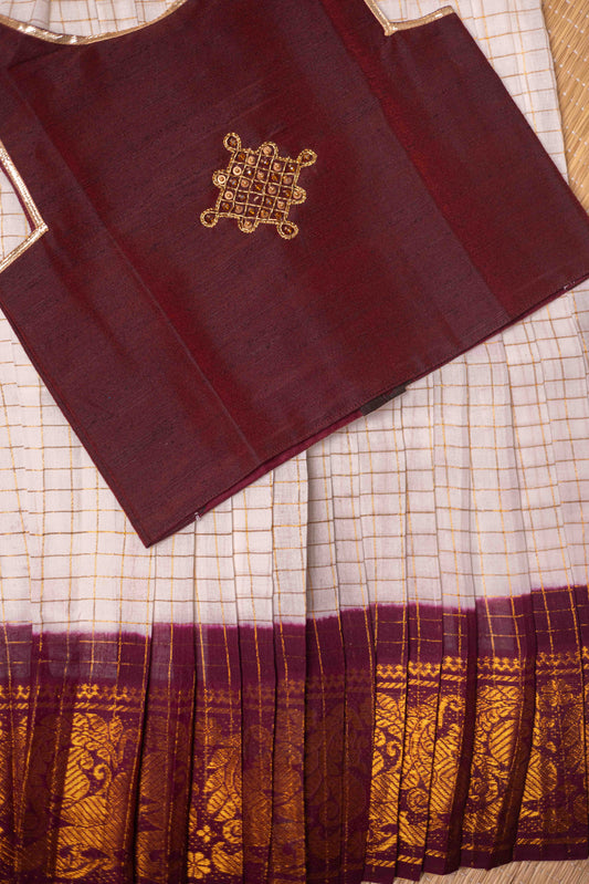 Coffee brown top with kolam aari work with white zari checks sungudi cotton skirt -1Y