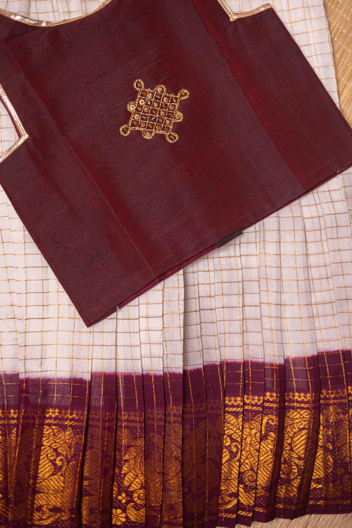 Coffee brown top with kolam aari work with white zari checks sungudi cotton skirt - 2Y