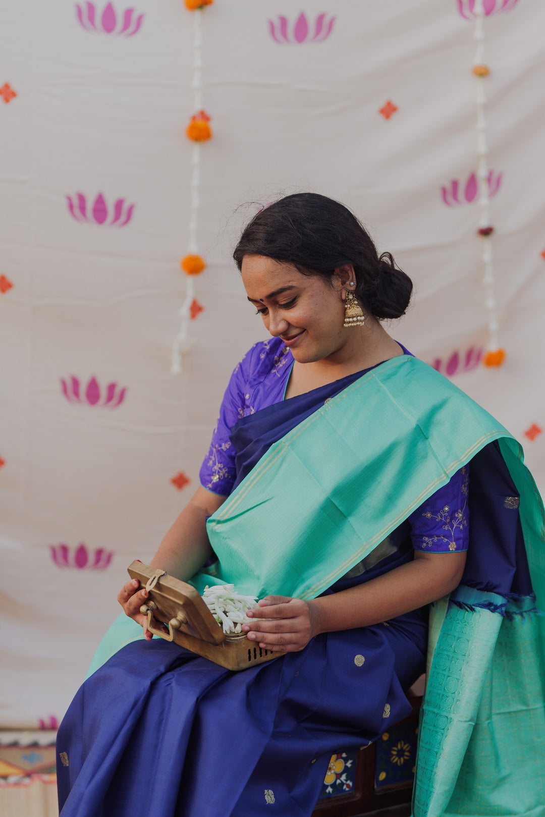 MS Blue with turquoise blue annam, chakram motifs with vaira oosi border