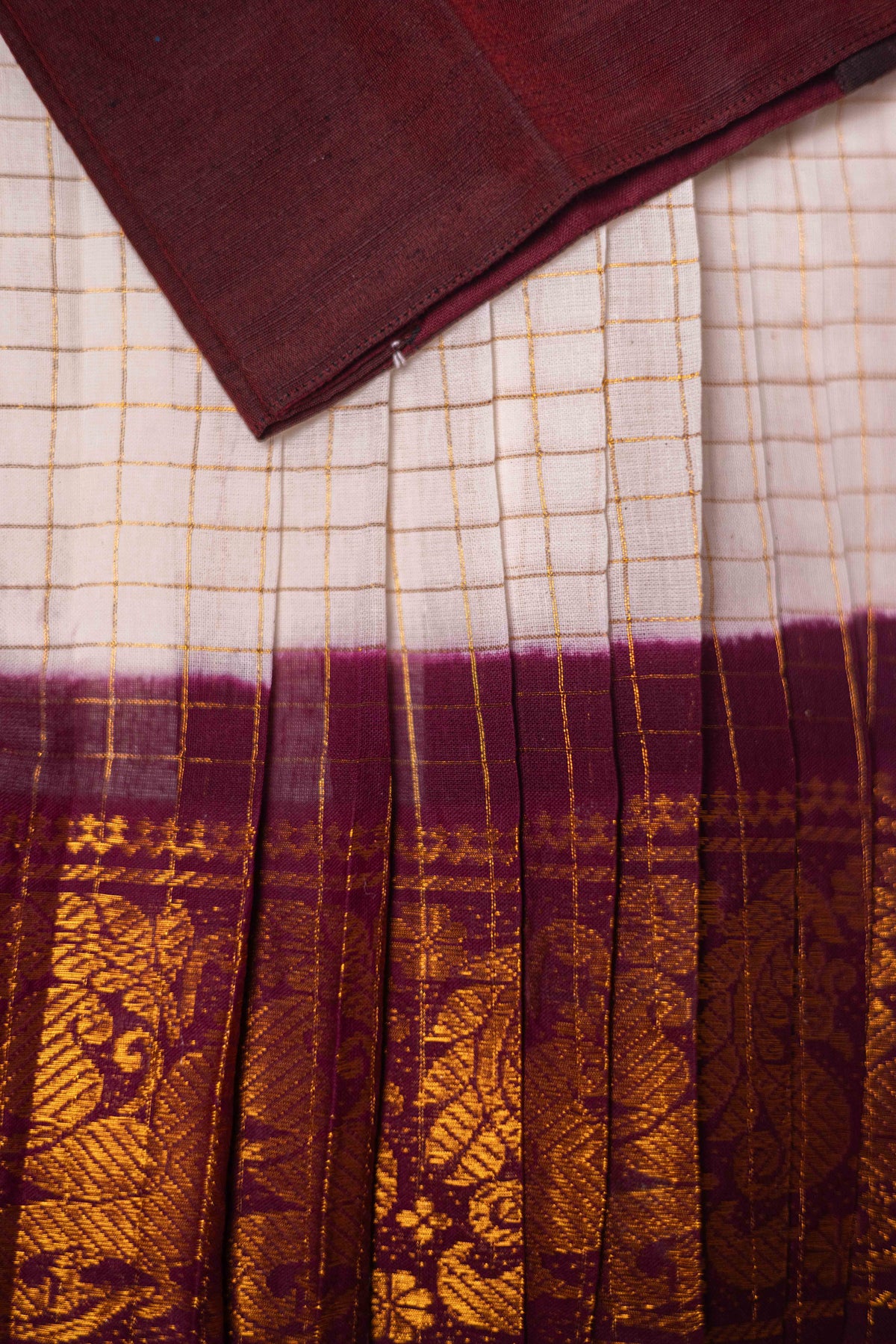 Coffee brown top with kolam aari work with white zari checks sungudi cotton skirt - 2Y