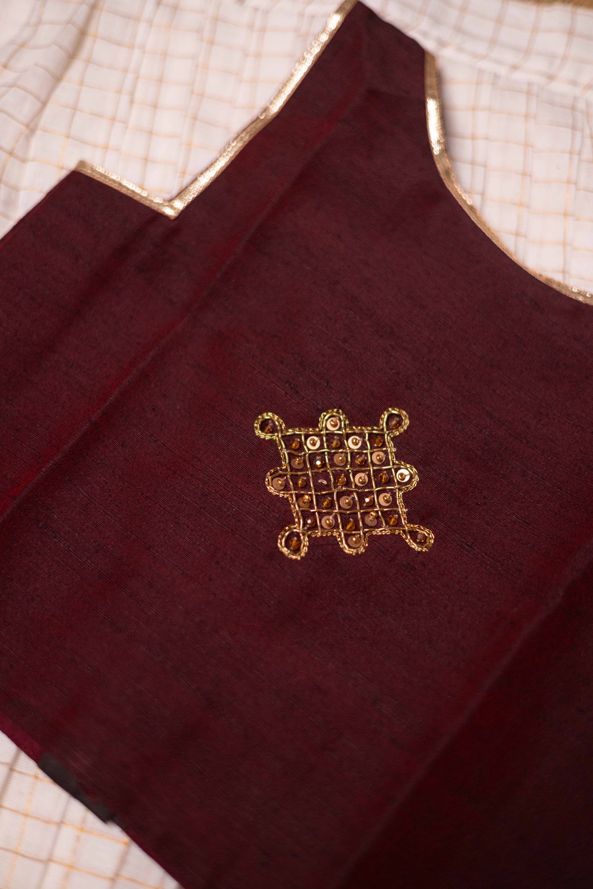 Coffee brown top with kolam aari work with white zari checks sungudi cotton skirt -5Y