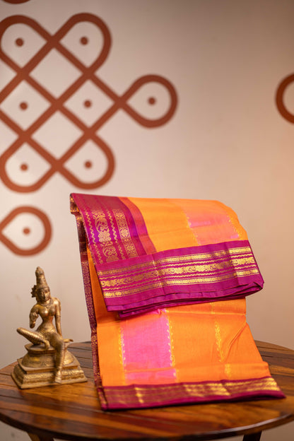 Korvai Multi coloured silk cotton-Rose Milk, Sun Set Yellow & Tangerine Orange