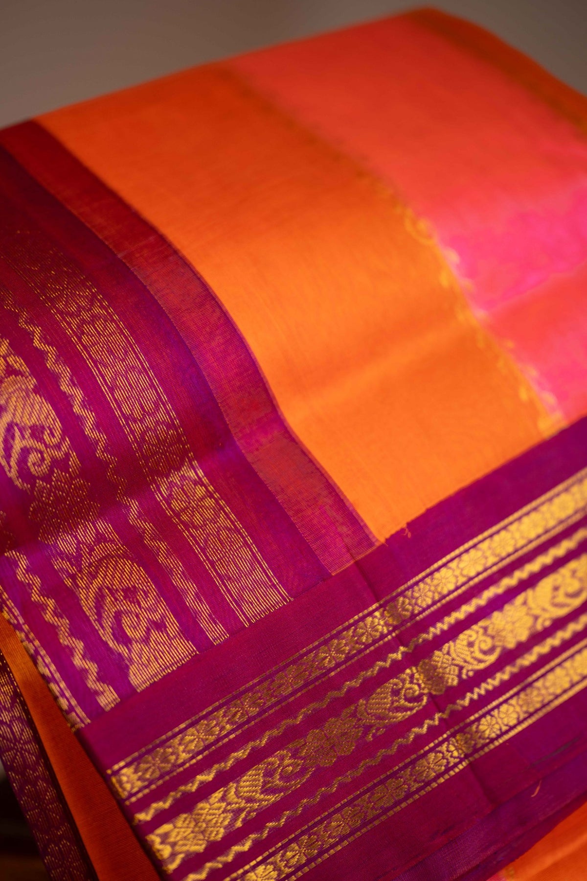 Korvai Multi coloured silk cotton-Rose Milk, Sun Set Yellow & Tangerine Orange
