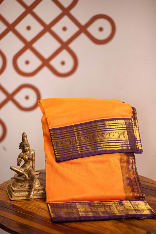 Sunset Orange with coffee brown Korvai Silk Cotton