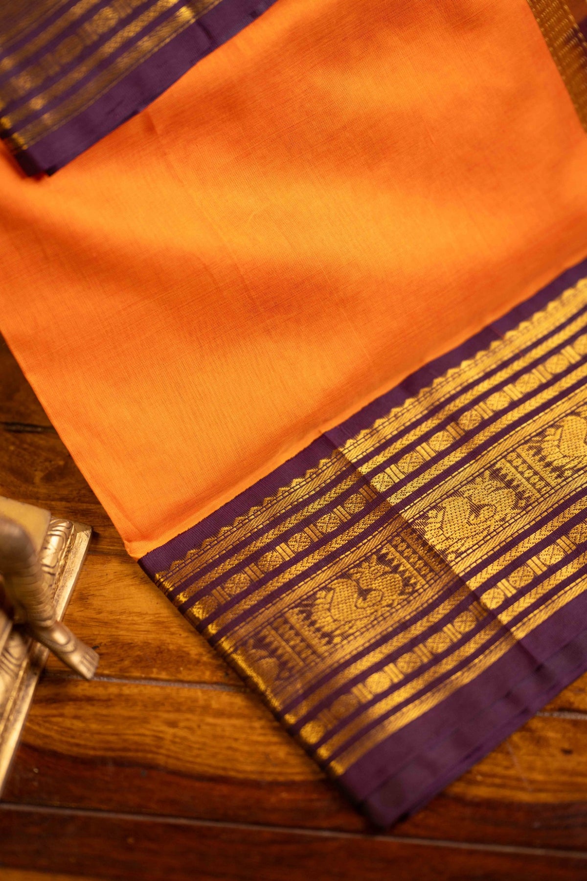 Sunset Orange with coffee brown Korvai Silk Cotton