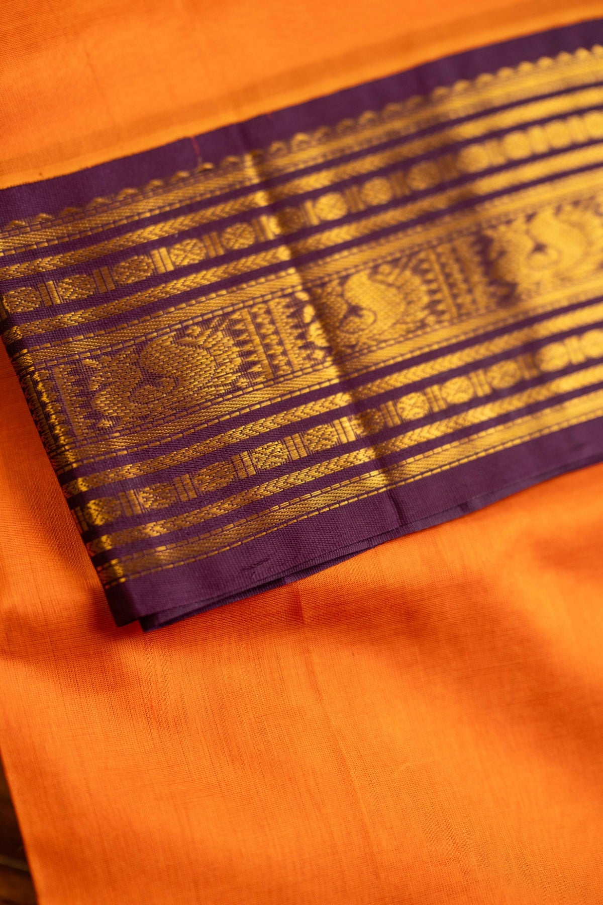 Sunset Orange with coffee brown Korvai Silk Cotton