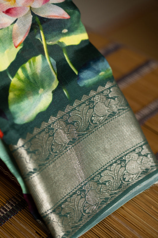Bottle green crepe saree with pichawaai print