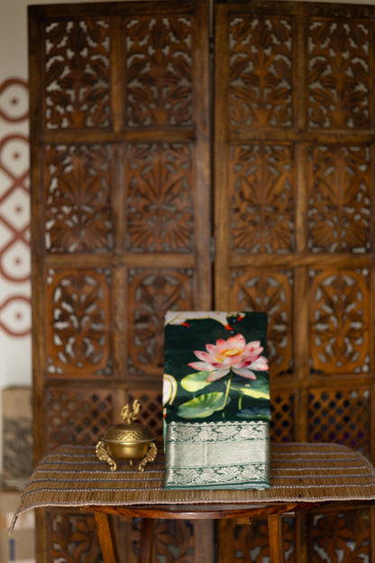 Bottle green crepe saree with pichawaai print