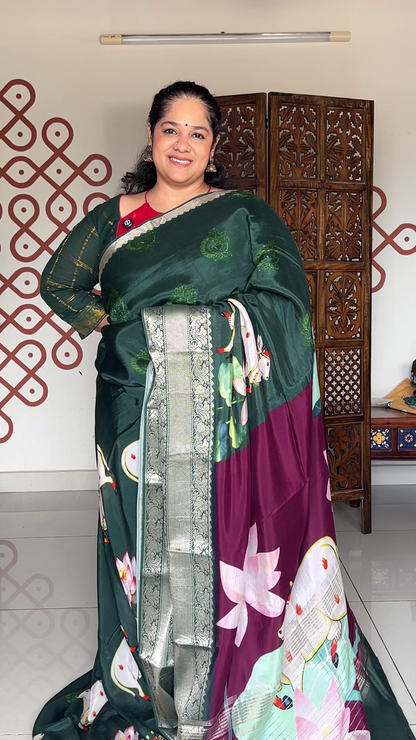 Bottle green crepe saree with pichawaai print