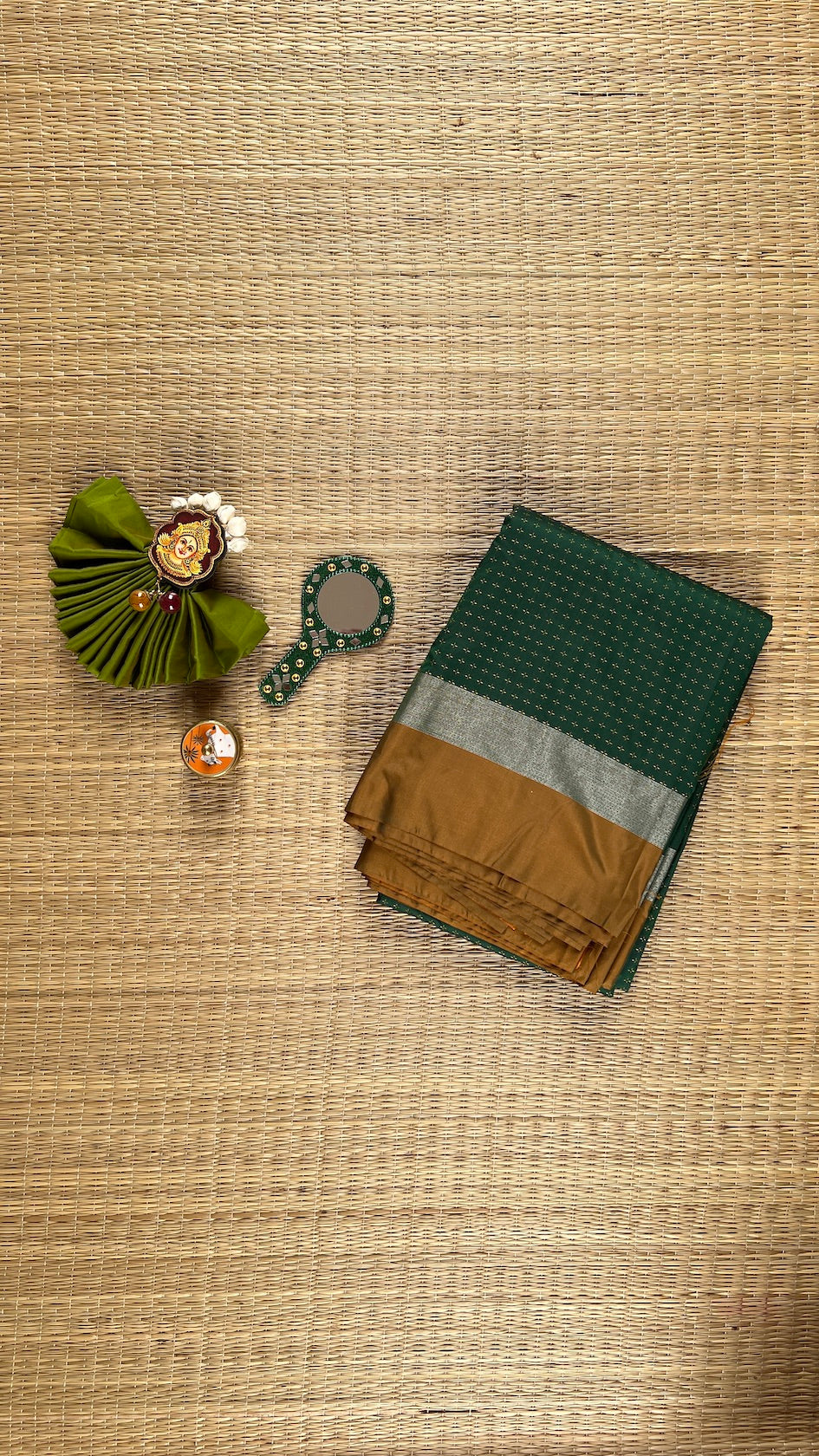 Bottle Green Arani Pattu Art Silk Saree with Olive & Plus Buttis