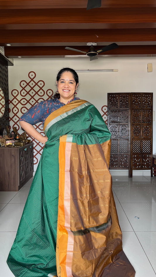 Bottle Green Arani Pattu Art Silk Saree with Olive & Plus Buttis