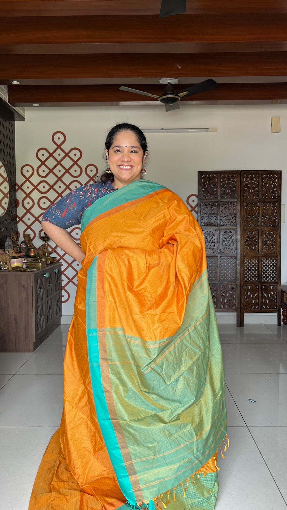 Turmeric Yellow Arani Pattu Art Silk Saree with Aqua Green & Plus Buttis