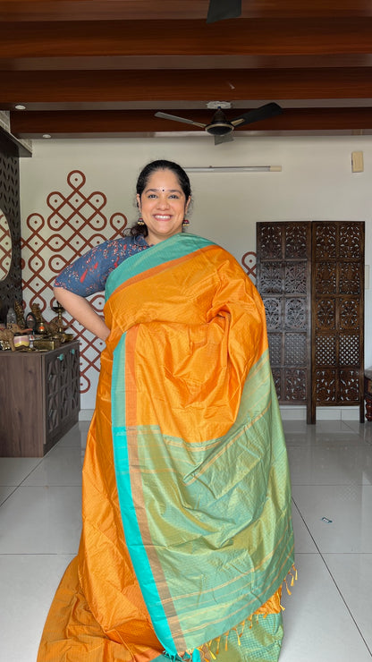 Turmeric Yellow Arani Pattu Art Silk Saree with Aqua Green & Plus Buttis