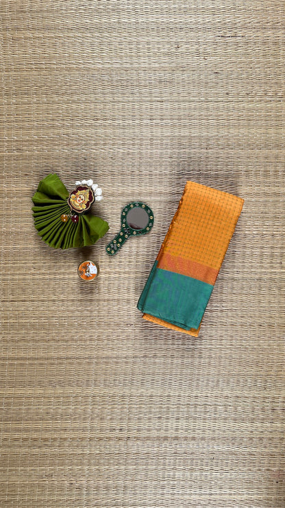 Turmeric Yellow Arani Pattu Art Silk Saree with Aqua Green & Plus Buttis
